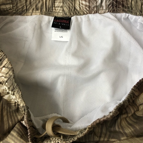 Laguna Originals Swim Trunks Mens L Palm Leaf Tan Green Elastic Waist Pockets - Picture 11 of 12